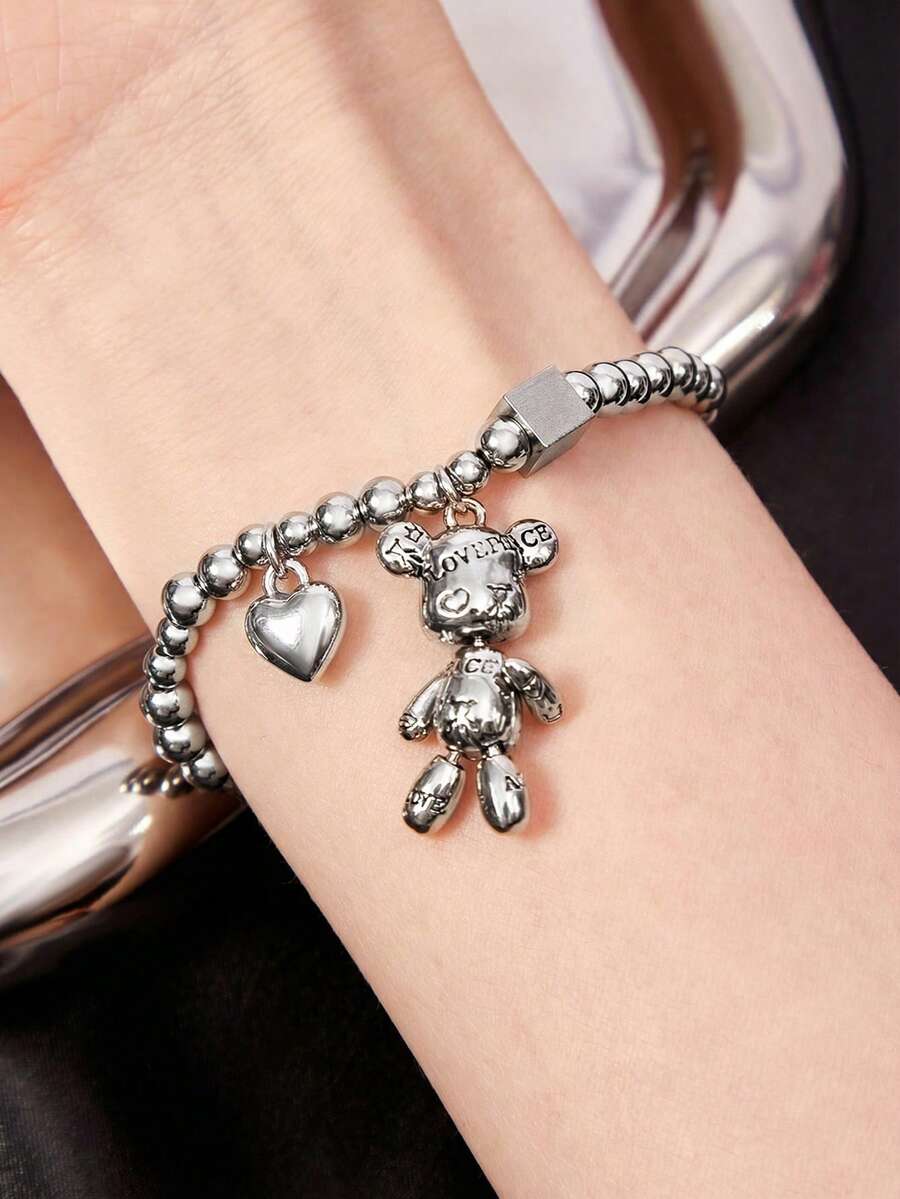 Y2Kool 1pc Elastic Rope Teddy Bear & Heart Shaped Couple Bracelet, Suitable For Women's Daily Wear And Christmas Gift Valentines - Silver - View 1