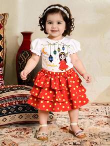 Baby Girls White Knit Round Neck Puff Sleeve Top And Burgundy Polka Dot Woven Cake Skirt Set, Suitable For Festive Occasions - Burgundy - View 4