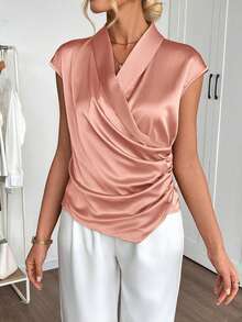 SHEIN LUNE 女士纯色褶皱优雅短袖衬衫 - 藕粉色 - 查看 5