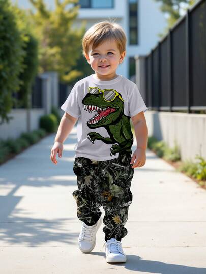 SHEIN Baby Boys Casual Minimalist, Fashion Classic, Cool Style, Cartoon Dinosaur Pattern, Cute Style, Sporty Style, Dinosaur Pattern Round Neck Short Sleeve Pants Set, Suitable For Spring/Summer, Suitable For Home, Suitable For Daily Casual Wear