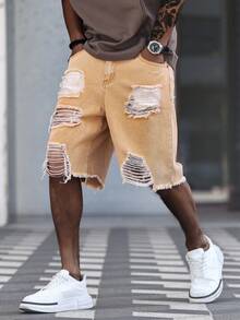 Manfinity Roughcore Men's Casual Washed Distressed Denim Shorts Ripped Shorts Men - Brown - View 7