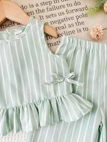 SHEIN LMoss Kids 女婴条纹圆领上衣和宽松休闲裤两件套 - 綠色 - 查看 5