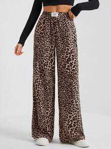 SHEIN Tall Women's Wide-Leg Street Trousers In Leopard Print Woven Cute Pants Wide-Leg Pants Wide Leg Pants Cheetah Pants Leopard Print Clothes Animal Print Pants Leopard Pants Animal Print Clothes - Multicolor - View 4