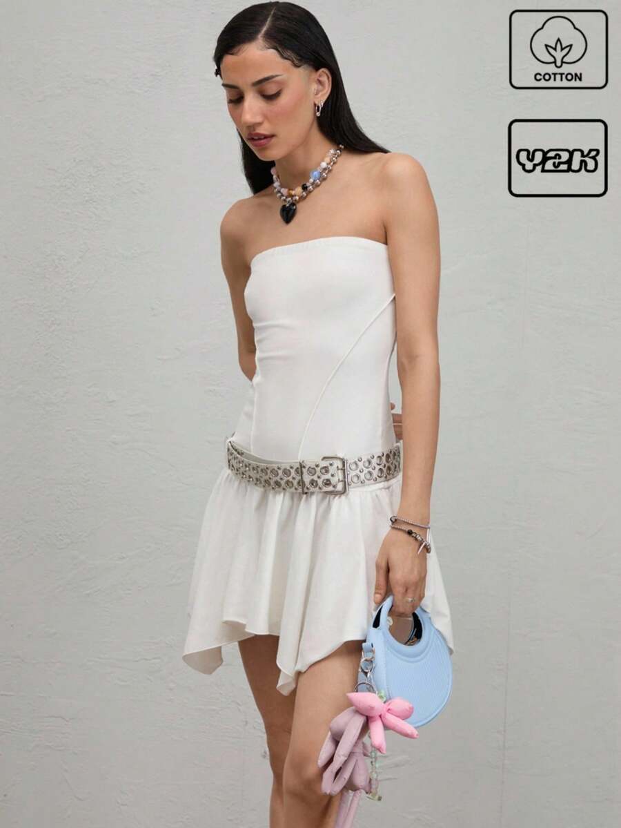 COUREZ Đầm quây ngắn với chân váy xếp ly bất đối xứng / Trang phục mùa hè cho nữ / Đầm hè đi chơi, trang phục thường ngày / Phong cách Y2K 100% cotton, 100% cotton cổ điển - trắng - Xem 1