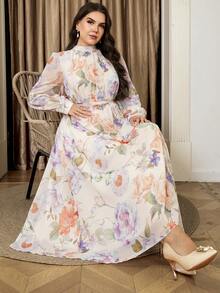 Veilorie Elegantes Midi-Kleid in Große Größen mit Blume Muster, geeignet für den Berufsalltag