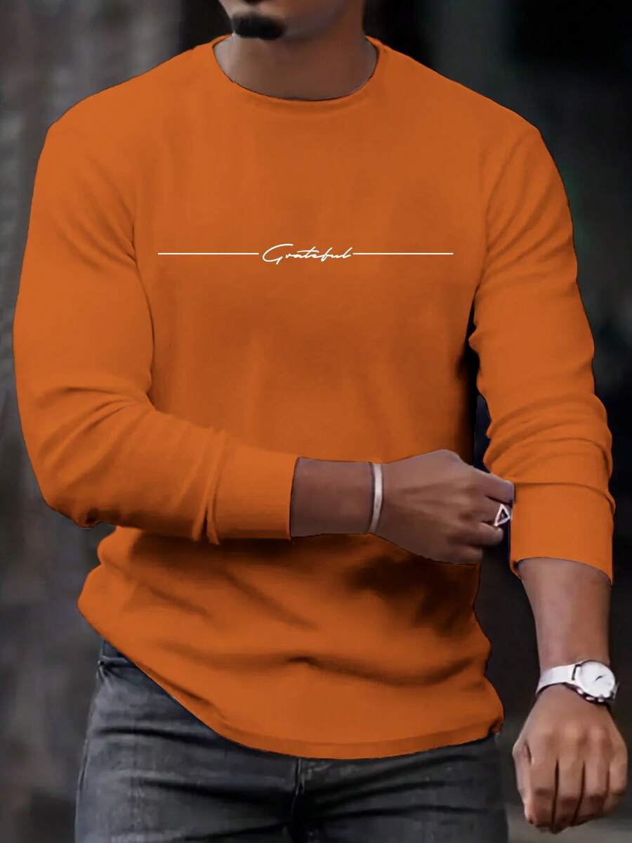 Manfinity Homme Men's Casual Printed Crew Neck Long Sleeve T-Shirt Orange Longsleeve Men Men Full Sleeve Tshirt Men Long Sleeve Orange Shirt Men Burnt Orange Long Sleeve Men Orange T-Shirt - Orange - View 1