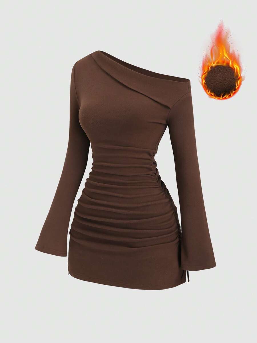 Sweetra Đầm quấn vai bèo nhún bất đối xứng dành cho nữ, tay dài, thích hợp cho lễ Halloween, đi chơi, đi làm, du lịch, hẹn hò, màu đen. - màu nâu - Xem 1