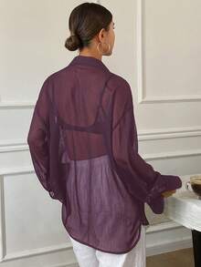 DAZY Áo kiểu nữ dáng rộng, màu trơn, tay dài, chất liệu chiffon, cổ buộc dây, thích hợp mặc mùa hè. - Màu tím - Xem 2