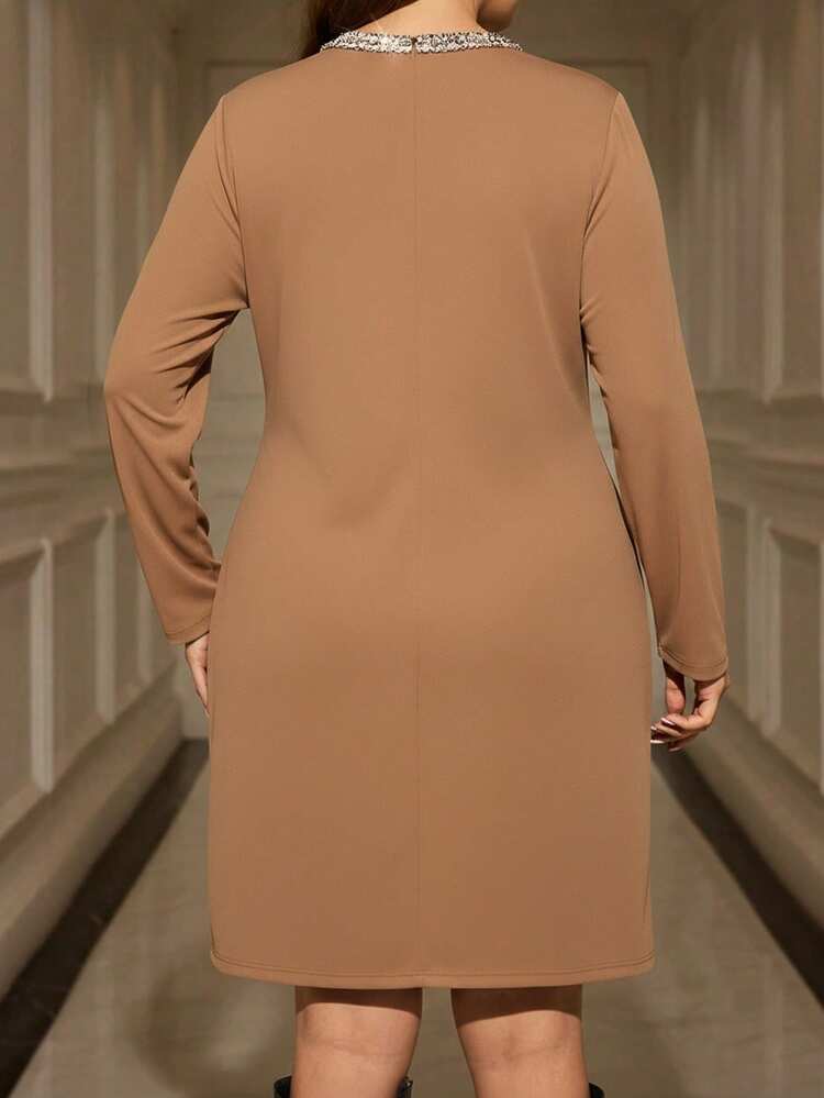 Plus Size Women's Elegant Party Casual Sparkly Fitted Solid Color Brown Dress, Autumn/Winter,Plus Size Winter Clothes,Comfortable And Breathable,Date Night Outfits Women ,Elegant Dress Women,Early Spring,Valentine's Day,2026 New Clothes,Simple And Fashionable For Everyday Wear,Early Spring, Coffee Brown Dress, Plus Size Brown Dress, Long Sleeve Elegant Dress,Early Spring,Spring Outfit Women,Valentine's Day ,Valentine Outfits For Women