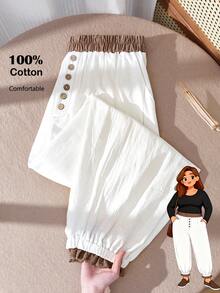 Rusticease Plus Size Women's Fall/Early Spring Casual Fashion Vacation Vintage Casual Country Patchwork Contrast Color Ruffle Button Decor White Pants With Pockets, , Plus Size  Suitable For Early Spring, Going Outs,2026 New ,Simple And Fashionable For Everyday Wear, White Beach Pants, Women Summer Pants, Vacations Women ,Holidays For Women, Spring Women, Valentine's Day ,Valentines For Women, - White - View 2