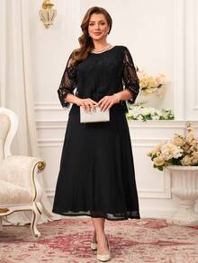 Miaspire Plus Size Elegant Party Lace Patchwork Dress - Black - View 1