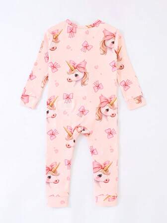 Back To School Fashion Infant Girls Snug Fit Pink Bow Unicorn Digital Print Long Sleeve Zipper Jumpsuit Fall Winter