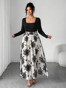 SHEIN Elenzya Plus Size 3D Floral Fabric Crew Neck Long Sleeve Dress - Black - View 7