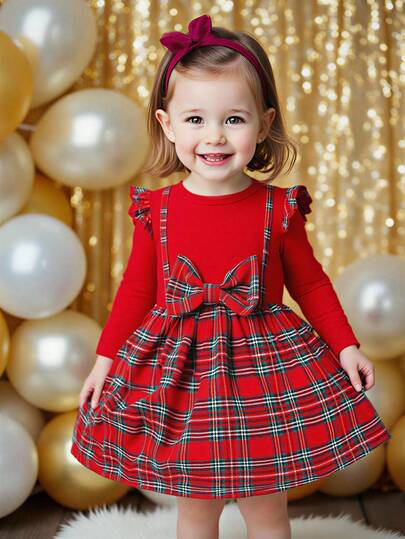 SHEIN Playful Pals 女童时尚长袖格子连衣裙，蝴蝶结，拼接二合一休闲喇叭袖连衣裙，适合日常穿着、度假、返校