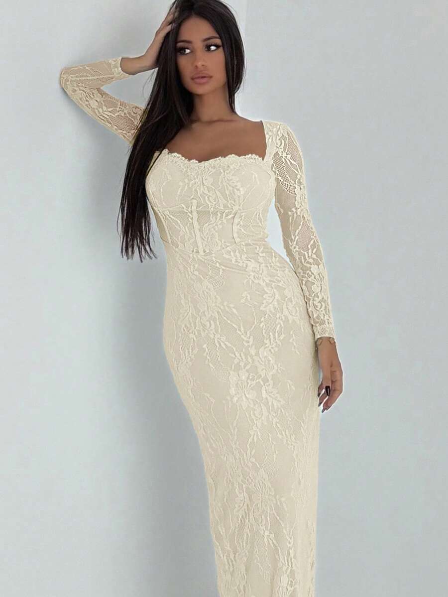 Ronhire Abito lungo attillato da donna in stile bustier, con scollo quadrato, maniche lunghe e pizzo, adatto per feste, colore nero, nuovo per l'autunno/inverno