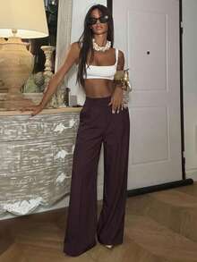 女士优雅现代直筒高腰办公室西装裤 - 中紫紅色 - 查看 5