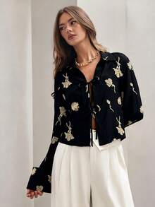 COSMINA 女士黑色刺绣亚麻长袖系带蝴蝶结衬衫，休闲度假波西米亚风长袖衬衫 - 黑色 - 查看 7
