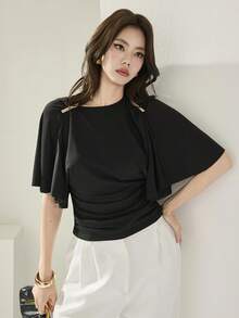 Heiryn 女士优雅通勤纯色金属装饰T恤 - 黑色 - 查看 4