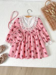 Cozy Pixies Bộ 2 món cho bé gái: váy dài tay cổ tròn phối màu hoa văn và túi đeo chéo. - Màu hồng đậm - Xem 2