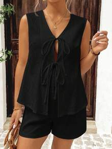 SHEIN Conjunto casual para gestantes com cardigã de cor sólida com decote em V e amarração frontal e shorts. - Preto - Ver 5