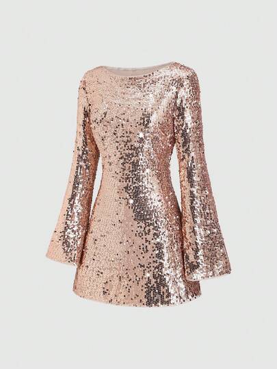 Sweetra Women's Christmas Party Sequin Dress, Shiny Dress, New Year Outfit, Suitable For Spring, Autumn, Winter, Party, Commute, Daily, Travel, Holiday, Pink Waist Flare Long Sleeve A-Line Short Dress