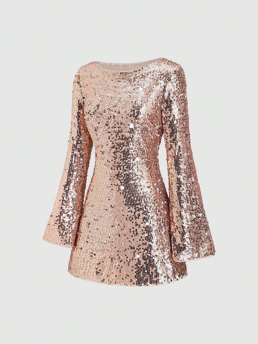 Sweetra 女士圣诞派对亮片连衣裙，闪亮连衣裙，新年装扮，适合春季、秋季、冬季、派对、通勤、日常、旅行、度假，粉色腰部喇叭长袖A字短裙 - 杏色 - 查看 1