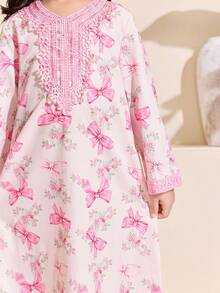 SHEIN Young Girl Embroidered Butterfly Print Casual Loose Long Sleeve Dress For Daily Wear Flower Girl For Wedding - Pink - View 4