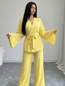 Firerie Bộ áo khoác cardigan cạp rộng thanh lịch, giản dị, đi nghỉ mát, đi làm mới dành cho nữ và quần cạp chun, Bộ áo cánh dài tay đơn giản, thiết kế quấn, dây rút, quần cạp chun, trang trọng, bohemian, hẹn hò, đám cưới, công sở, trang phục xuân thu đông, bộ đồ thường ngày rộng rãi, bộ màu vàng kem - Vàng nhạt - Xem 7