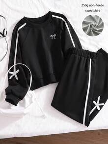2pcs/Set Girls Casual Minimalist Crew Neck Sweatshirt Set, With White Ribbon Trim On Sleeve And Pant Side, Suitable For Spring & Autumn, Heavy Weight 250G Sweatshirt Jacket - Black - View 8