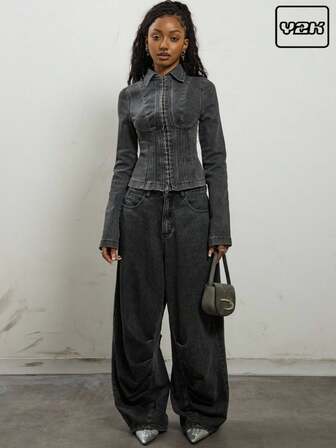 COUREZ Top corset de mezclilla lavada, Top negro para salir de fiesta en otoño/invierno estilo Y2K, Sexy para Año Nuevo