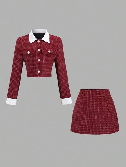 Sweetra 复古红色时尚修身喇叭下摆两件套，秋冬季修身时尚，尽显优雅气质