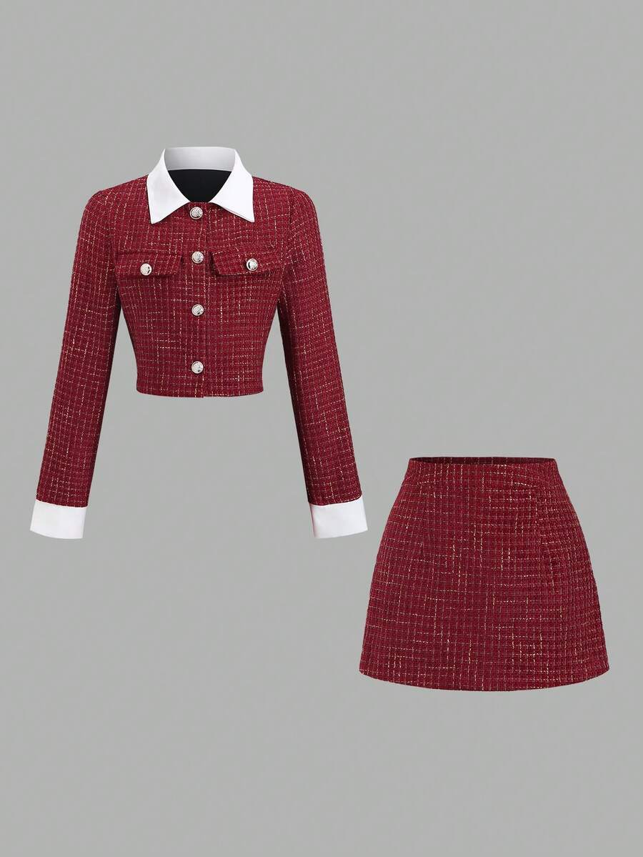 Sweetra Bộ đồ 2 món màu đỏ cổ điển, thiết kế thanh lịch, dáng ôm xòe, tôn dáng và thời trang cho mùa thu/đông. - Màu Đỏ Sâu - Xem 1
