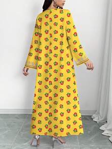 SHEIN Najma 女士黄色花卉仿刺绣印花V领长袖优雅阿拉伯风长连衣裙，春秋季 - 彩色 - 查看 2