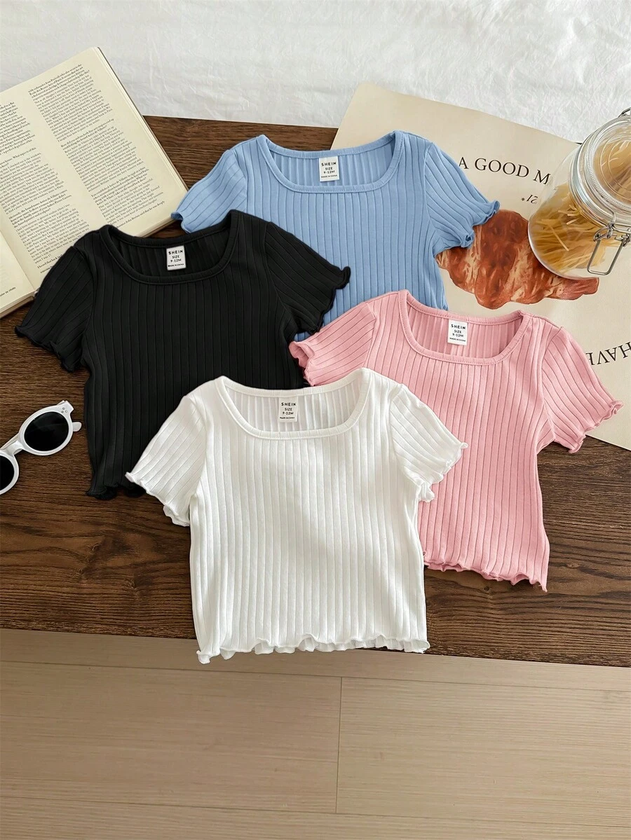 SHEIN LMoss Kids 4pcs Set Casual Solid Color Knit Ruffle Hem Short Sleeve Top - Multicolor - View 1