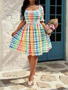 Sunnyshic 大码女士休闲优雅公主风A字短袖渐变格纹中长度假连衣裙 - 彩色 - 查看 7
