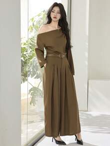 Heiryn Coffee Brown Autumn Elegent Office Women's One-Shoulder Top And Pants Suit,Elegant Wedding Guest Dress Outfits,Spring Summer Vacation Beach Clothing - Army Green - View 6