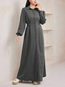 Veilorie 女士休闲纯色收腰长款卫衣连衣裙，适合秋冬季穿着 - 灰色 - 查看 6