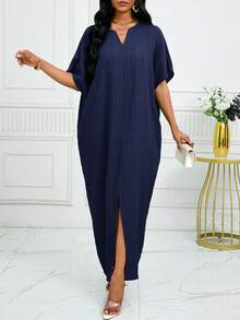 SHEIN Lady Đầm dài tay cánh dơi cổ xẻ cho mùa thu đông - Màu xanh hải quân - Xem 4