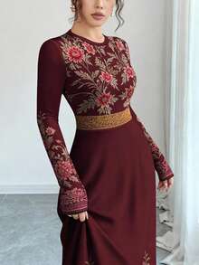 Modelyn 女士春季花卉图案数码印花圆领长袖A字型长连衣裙 - 彩色 - 查看 5