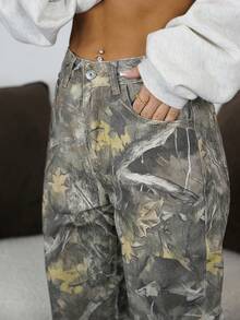 SAYEHFBABY 高腰枫叶迷彩印花水洗直筒牛仔裤 - 彩色 - 查看 3