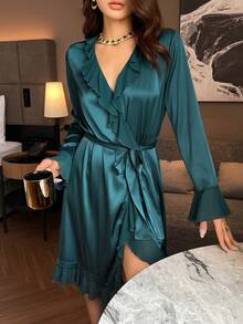 DAZY Satin & Chiffon Patchwork Ruffled Hem Women Sleepwear Robe - Teal Blue - View 4