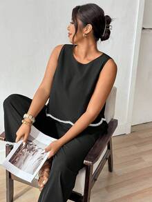 Lounesse Plus Size Vacation Casual Woven Strap Decor Tank Top And Pants 2 Pieces Set - Black - View 4