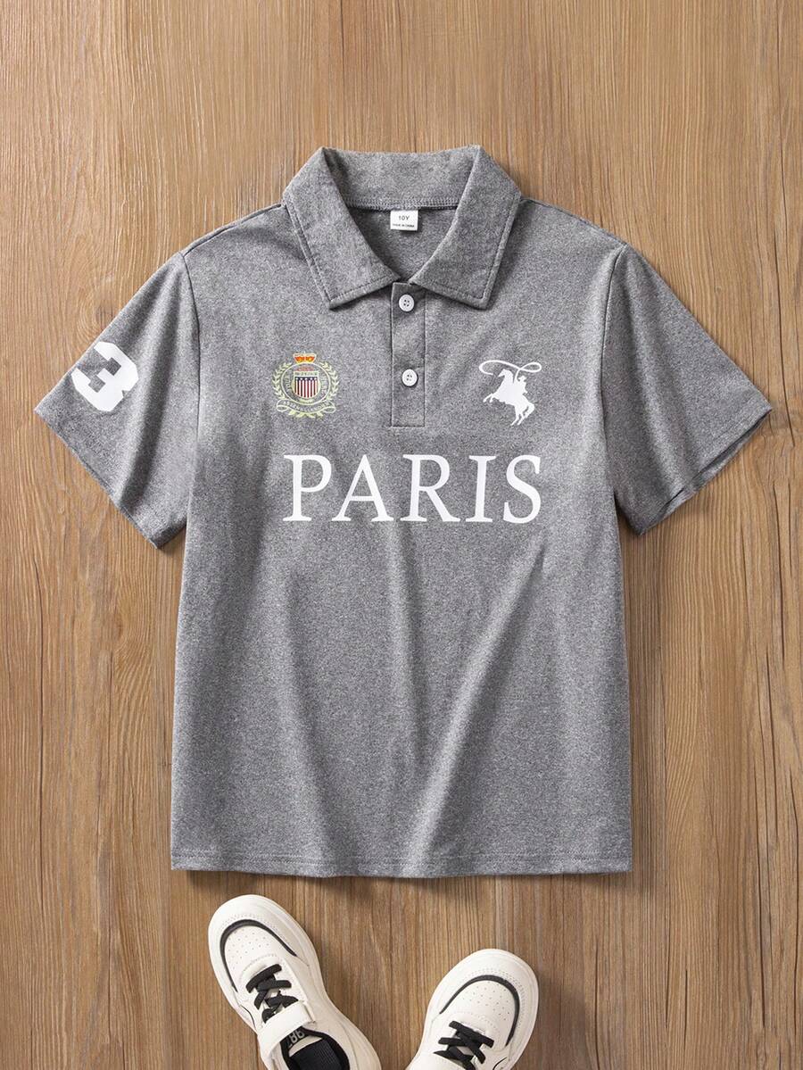 男童休闲舒适美式风格字母印花 Polo 衫 - 深灰色 - 查看 1