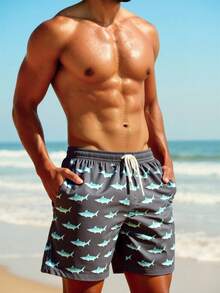 Manfinity Swimmode Men's Drawstring Waist Shark Print Pocket Casual Versatile Beach Shorts - Grey - View 4