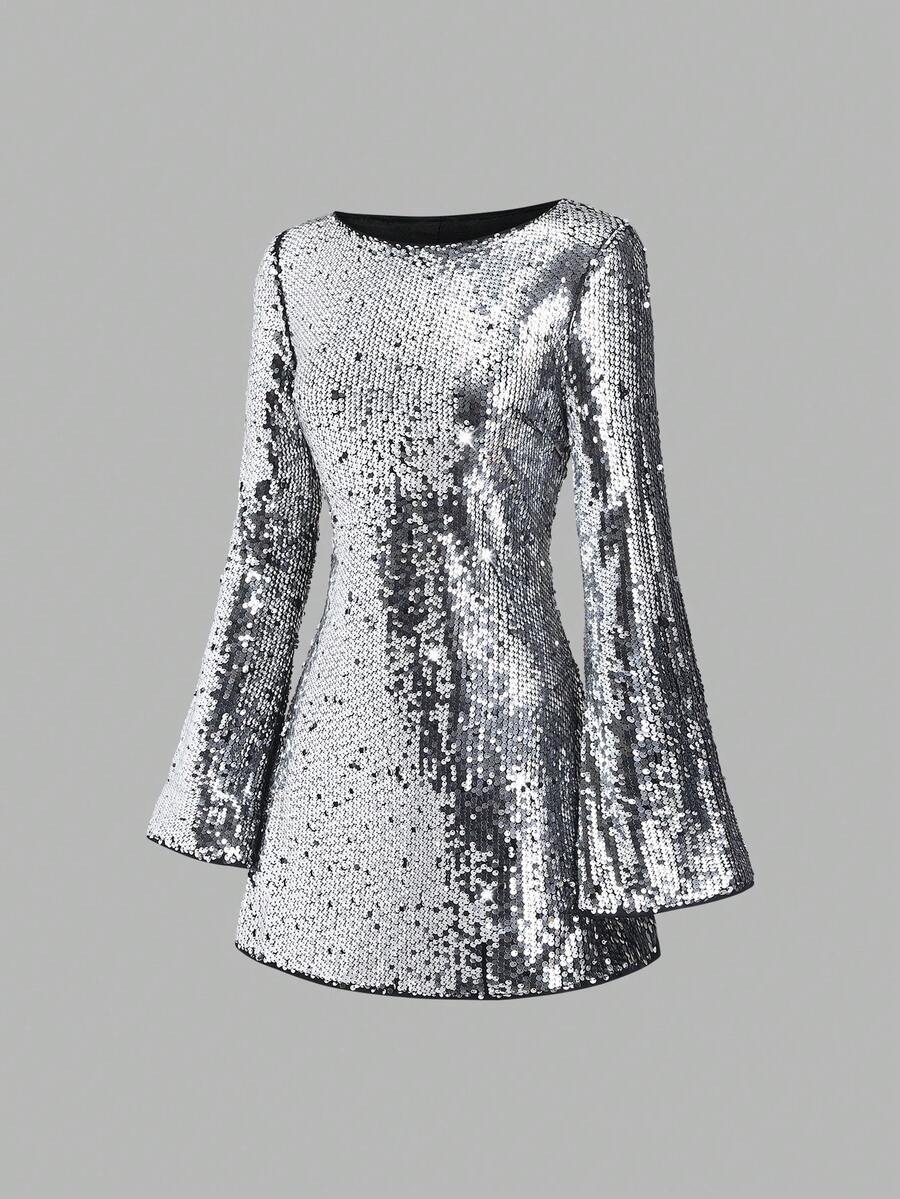 Sweetra Rochie de Crăciun pentru femei, cu paiete, rochie strălucitoare, ținută de Anul Nou, potrivită pentru primăvară, toamnă, iarnă, petrecere, naveta, zilnic, călătorii, vacanță, rochie scurtă, talie evazată, mânecă lungă, linie A, roz