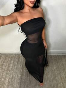 SHEIN SXY 纯色无肩带无袖性感网纱透视连衣裙 - 黑色 - 查看 1