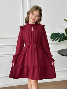 SHEIN Tween Girls Casual Collared Long Sleeve Sweatshirt Dress - Red - View 1