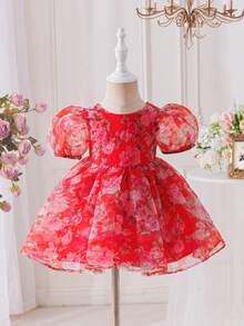 SHEIN Đầm ngắn tay bằng vải organza in hoa thanh lịch cho bé gái, thích hợp cho mùa hè. - Đỏ - Xem 2