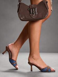 CUCCOO SZL Giày cao gót mũi vuông đính kim loại thời trang hàng ngày cho nữ - Màu xanh lam - Xem 8