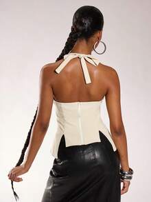Normani Áo thun nữ cổ tròn gợi cảm, co giãn, thoải mái, có dây buộc sau lưng có thể điều chỉnh - Màu Khaki - Xem 2